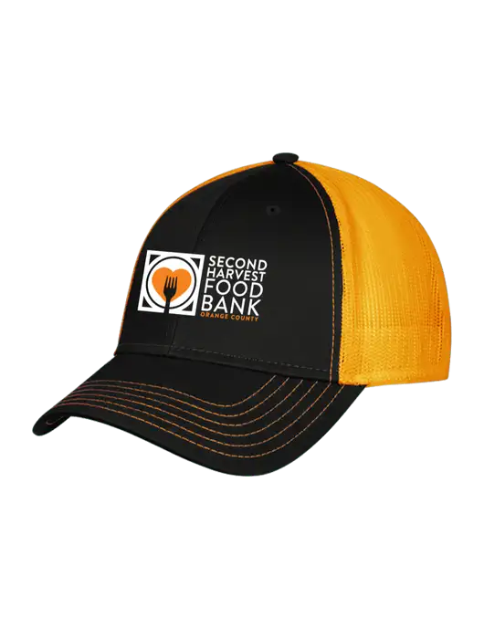 Black/Black/Gold Mesh Gold Stitching on Bill Trucker Cap Snap Back

 w/Second Harvest Logo