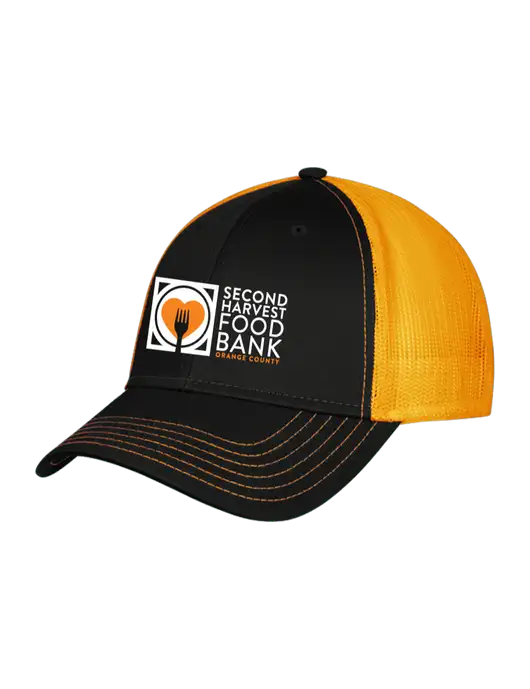 Black/Black/Gold Mesh Gold Stitching on Bill Trucker Cap Snap Back

 w/Second Harvest Logo