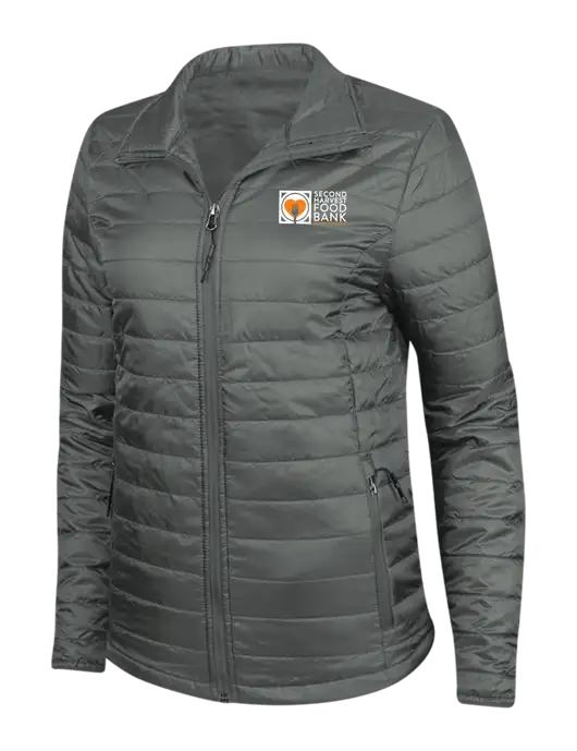 Dark Grey Womens Puffy Packable Jacket w/Second Harvest Logo