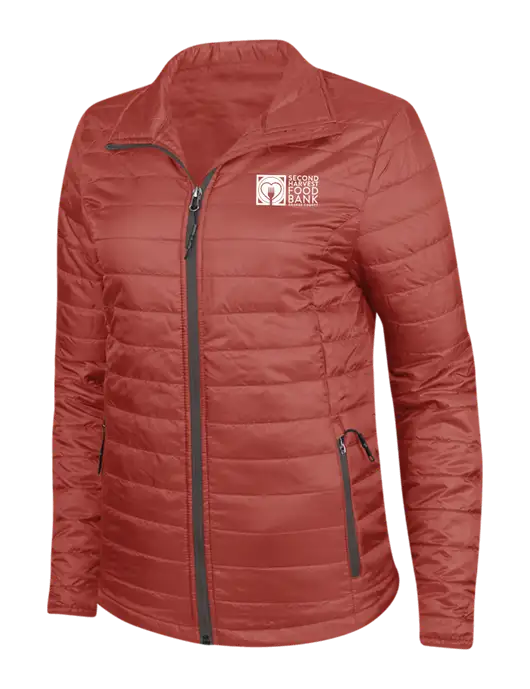 Dark Red Womens Puffy Packable Jacket w/Second Harvest Logo