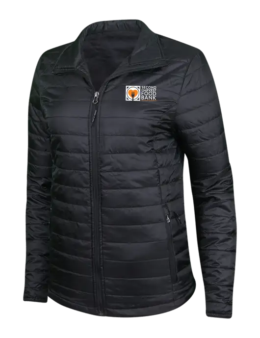 Womens Black Puffy Packable Jacket w/Second Harvest Logo